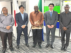 H.E. Ambassador Baraka Luvanda in a picture with Mr. Kenji Nishizaki, Mr. Shotaro Mori and Officers at the Embassy, Mr. Greyson Ishengoma and Mr. Hosea Chikolongo
