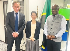 H.E. Ambassador Baraka Luvanda in a picture with Mr. Michael Lagowski and Ms. Yu Horii of the Mitsubishi Corporation