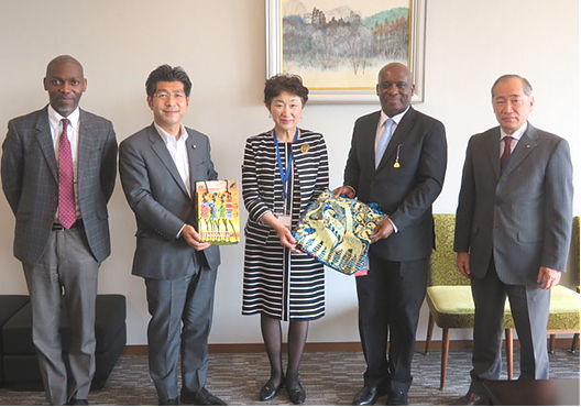 H.E. Ambassador Baraka Luvanda in a picture with Mr. Ryuji Satomi, Member of Councilors, Aichi District (Second left), Ms. Kuniko Shimizu (in the middle), Mr. Katsuji Mori (first right) and Mr. Greyson Ishengoma (first left)