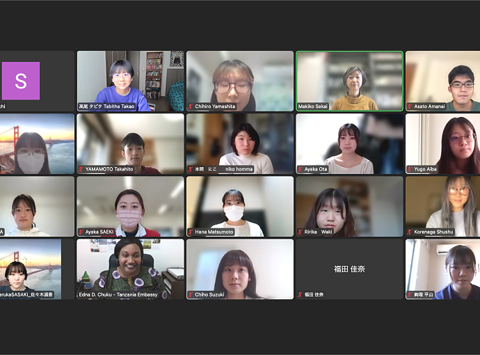 A group photo of Tokyo University of Foreign Studies (TUFS) students with the Embassy's First Secretary, Ms. Edna Chuku, after the conclusion of a virtual lecture about Tanzania