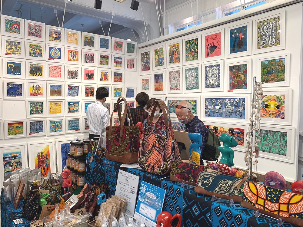 Some of the Tingatinga Tanzanian art and other Tanzanian products on display at the 13th Tingatinga Exhibition in Yokohama