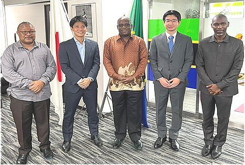 H.E. Ambassador Baraka Luvanda in a picture with Mr. Kenji Nishizaki, Mr. Shotaro Mori and Officers at the Embassy, Mr. Greyson Ishengoma and Mr. Hosea Chikolongo