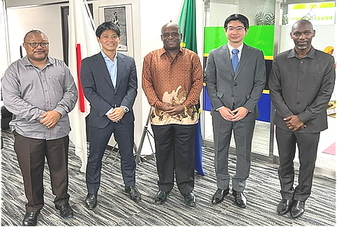 H.E. Ambassador Baraka Luvanda in a picture with Mr. Kenji Nishizaki, Mr. Shotaro Mori and Officers at the Embassy, Mr. Greyson Ishengoma and Mr. Hosea Chikolongo