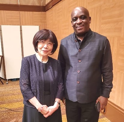 H.E. Ambassador Baraka Luvanda in a photo pose on 6th August 2022 with Ms. Teruko Yahata, an atomic bombings witness who was 8 years old at the time the bomb was dropped in Hiroshima on 6th August 1945.