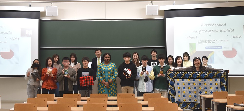 The First Secretary, Ms. Edna Chuku in a group photo with some students from Soka University who attended a lecture series about Tanzania