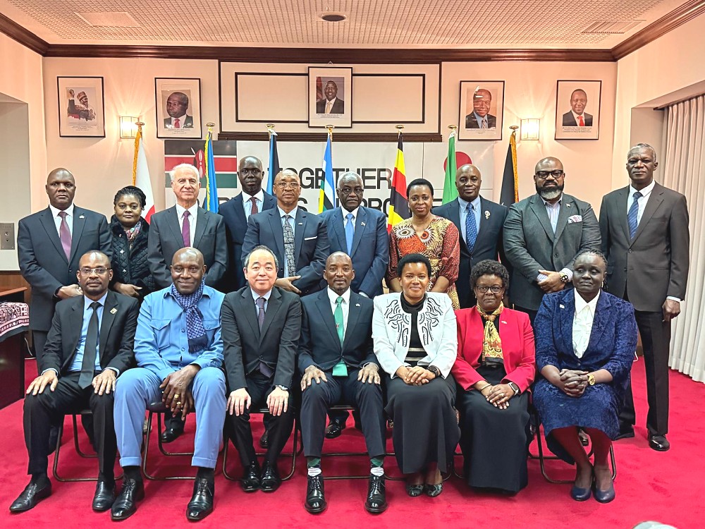 H.E. Anderson Mutatembwa in a group photo with other East African Community (EAC) Ambassadors in Japan at the Commemoration of the EAC Day in Tokyo, on 30th November 2025