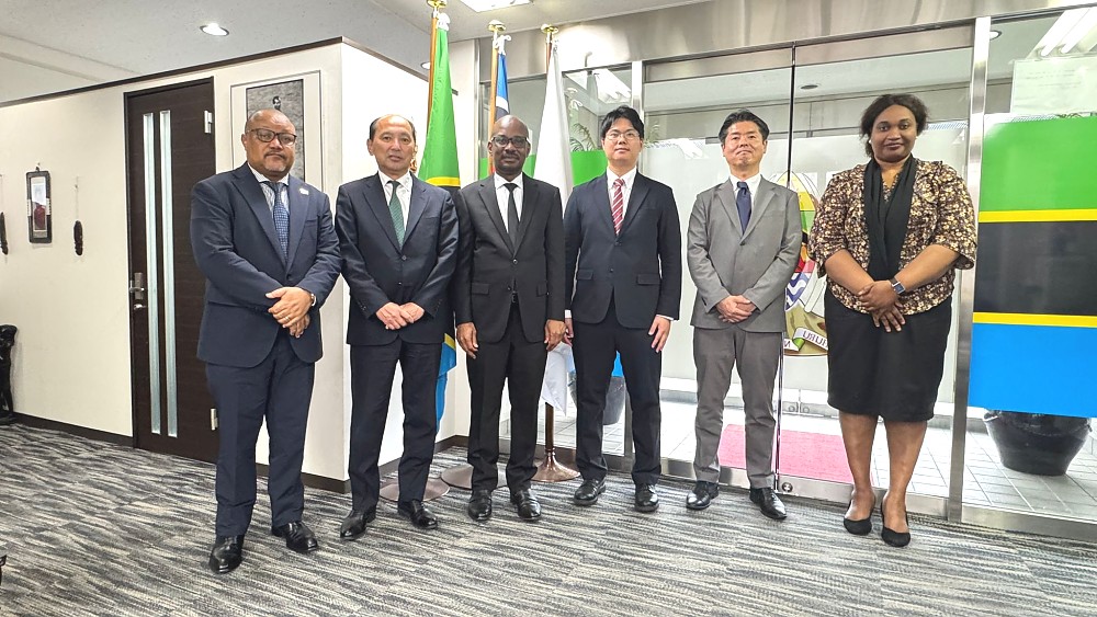 H.E. Ambassador Anderson Mutatembwa in a group photo with representatives of Fujita Corporation at the Chancery. Accompanying Ambassador are Ms. Edna Dioniz Chuku and Mr. Hosea Chikolongo.