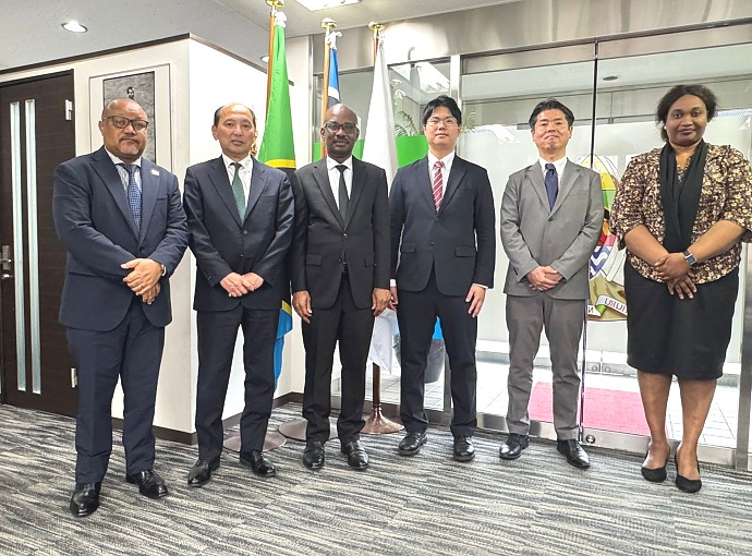 H.E. Ambassador Anderson Mutatembwa in a group photo with representatives of Fujita Corporation at the Chancery. Accompanying Ambassador are Ms. Edna Dioniz Chuku and Mr. Hosea Chikolongo.